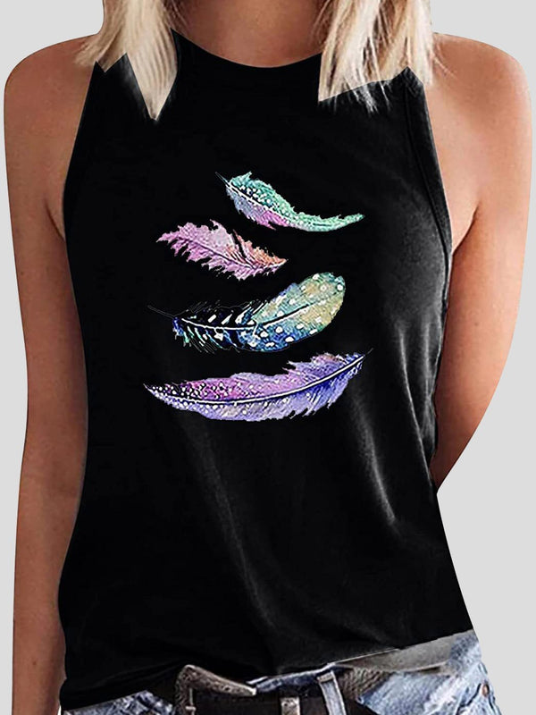Feather Print Sleeveless Casual Tank Tops