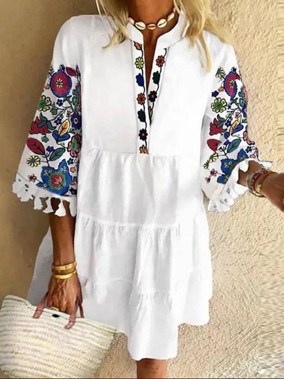 Floral Print Fringed V-neck Mini Dress