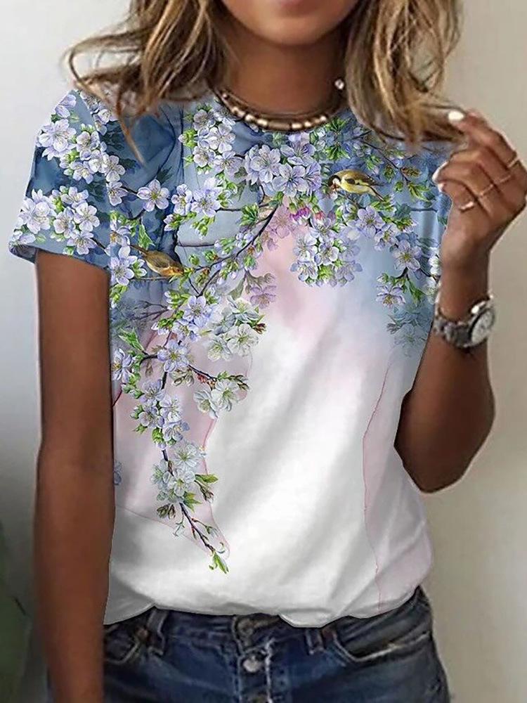 Floral Print Round Neck Short Sleeve T-Shirt