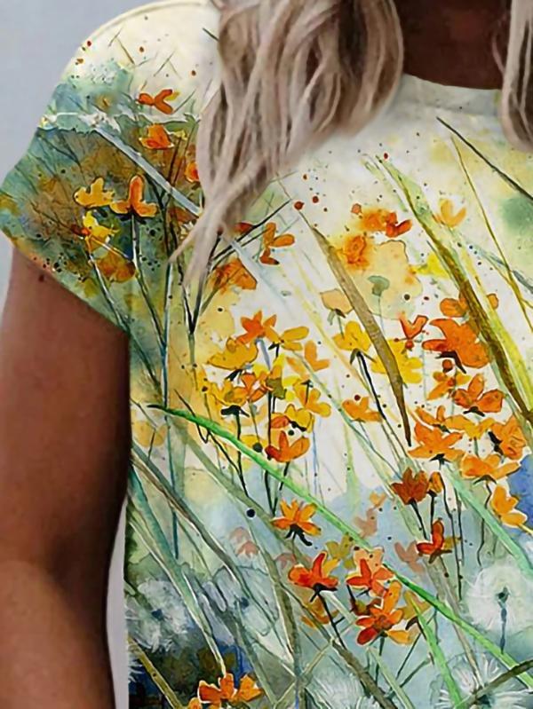Floral Print Round Neck Short Sleeve T-shirt