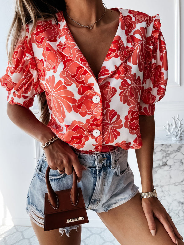Floral Print Ruffled Single Breasted Short Sleeve Blouses