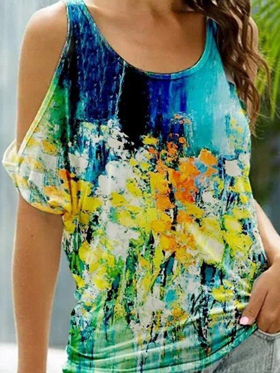Floral Print Short Sleeve Off The Shoulder Casual T-Shirt