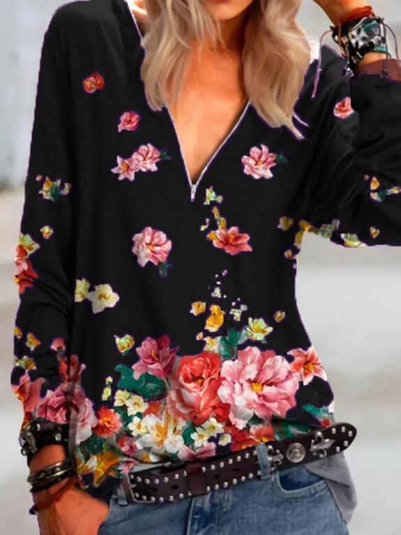 Floral Print Zipper V-neck Long Sleeve Blouse