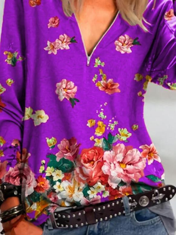 Floral Print Zipper V-neck Long Sleeve Blouse
