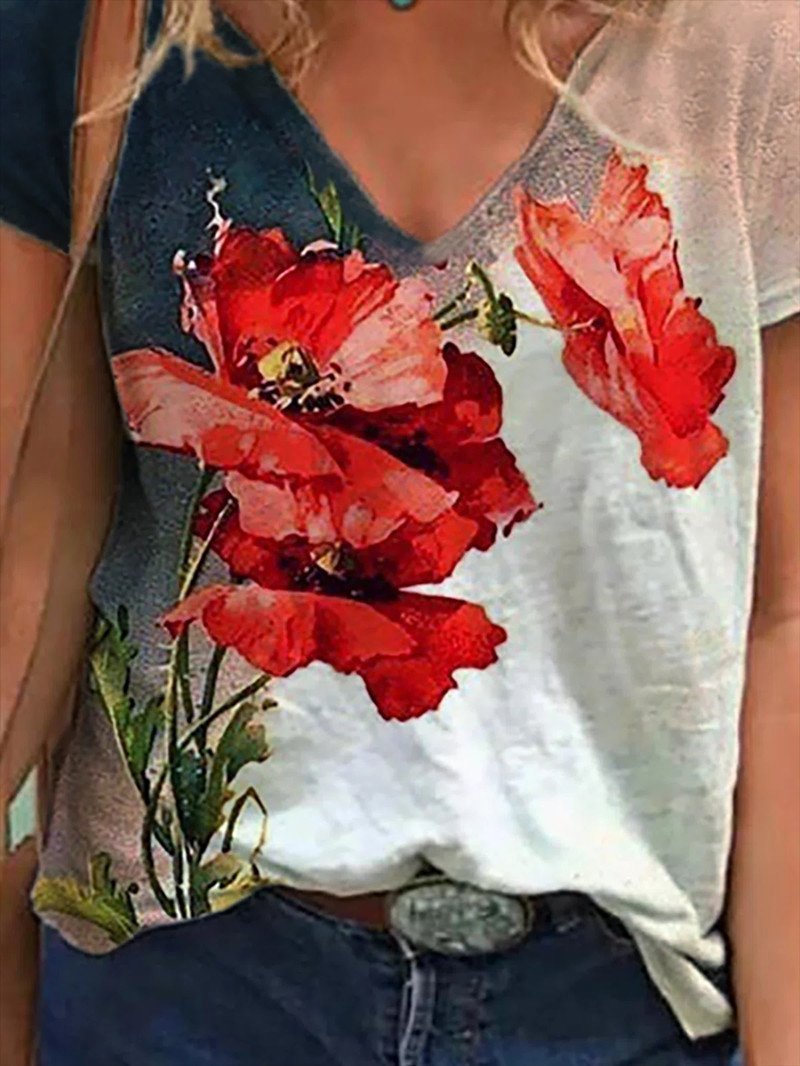 Flower Print Casual V-neck Short Sleeve T-shirt