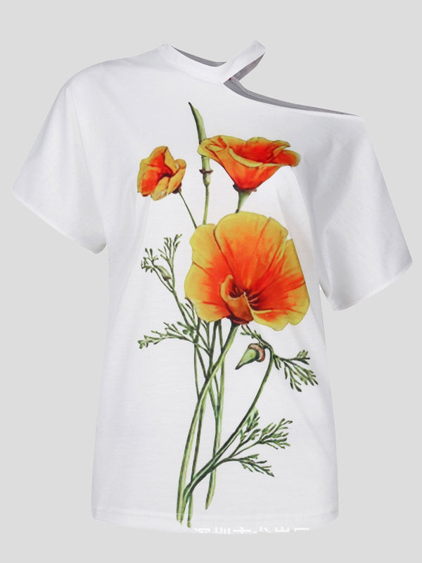 Flower Print Off-shoulder Halterneck T-shirt
