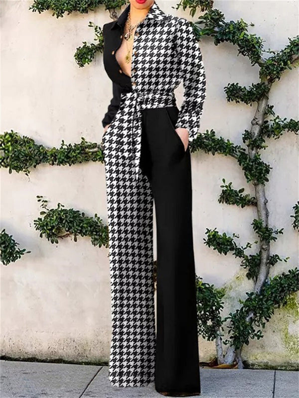 Women's Jumpsuits Lapel Print Tie Pocket Long Sleeve Jumpsuit