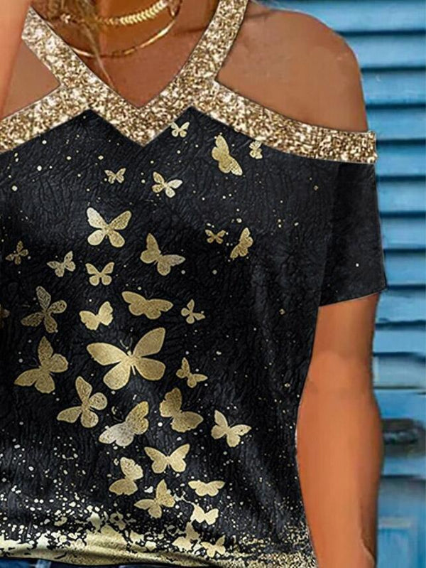 Gold Shoulder Strap V-Neck Off Shoulder Butterfly Print T-Shirts