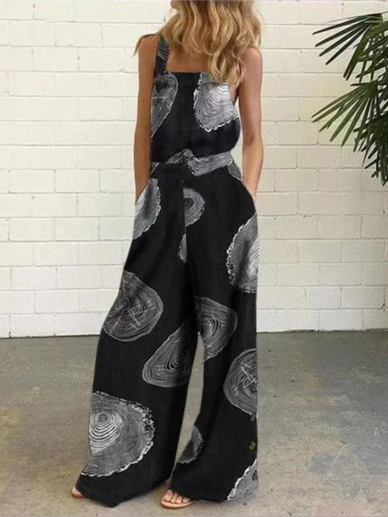 Graffiti Printed Button Sleeveless Casual Jumpsuit