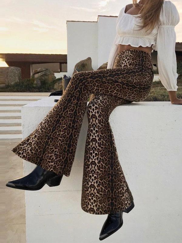 High Waist Casual Leopard Print Flared Pants