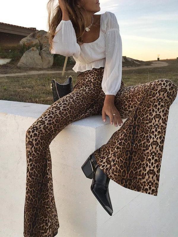 High Waist Casual Leopard Print Flared Pants
