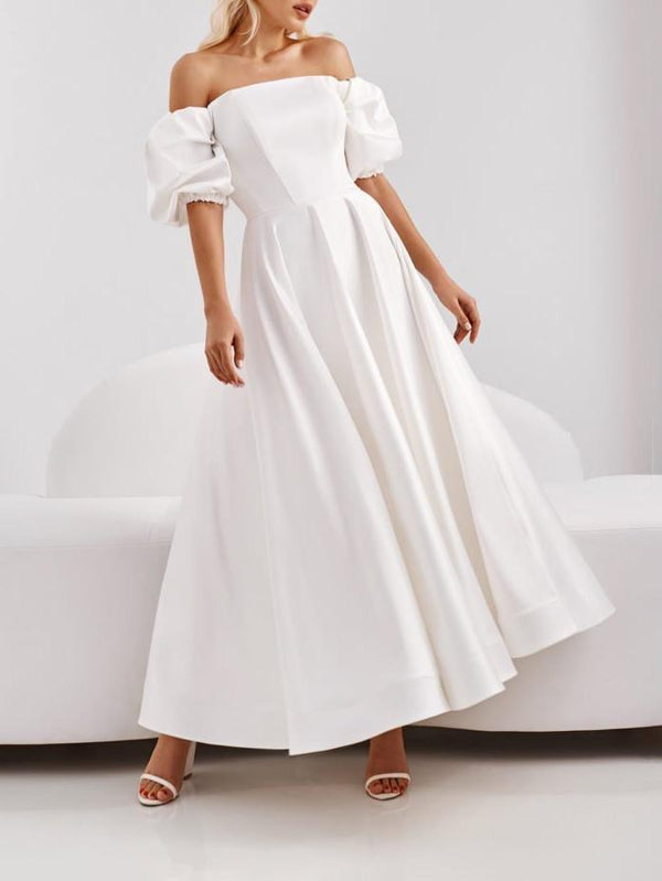 High Waist White One-shoulder Big Swing Dress