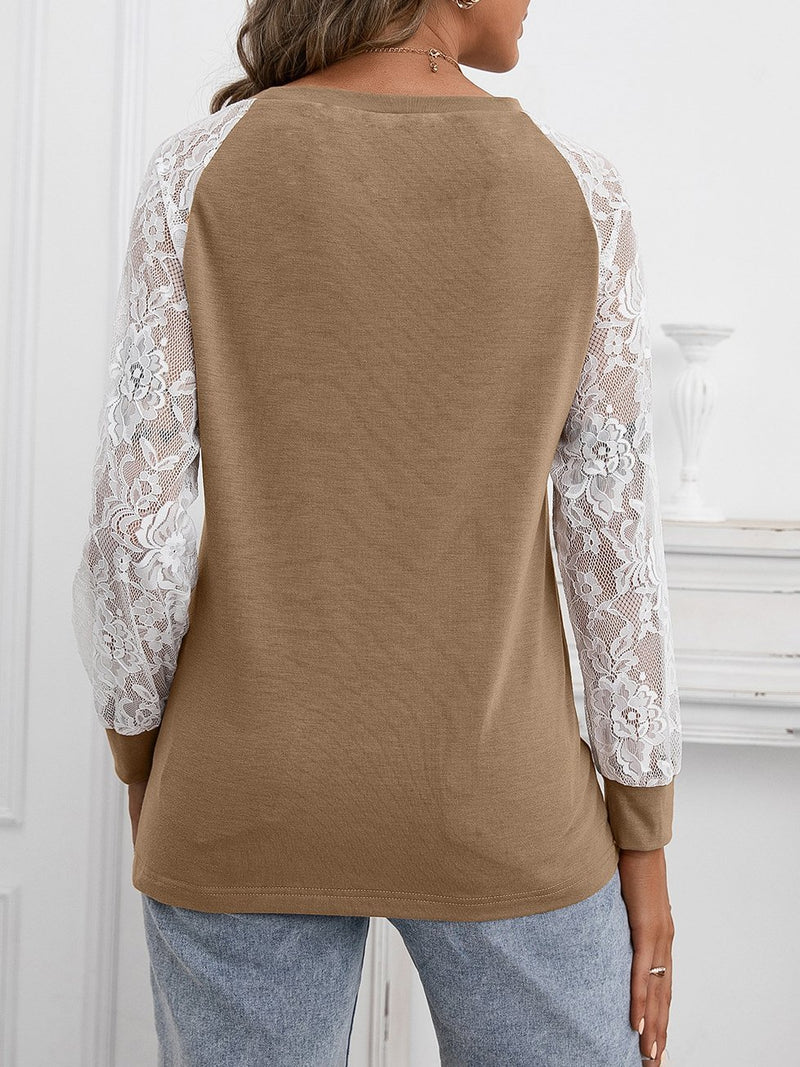 Hollow Lace Stitching Long-sleeved Round Neck T-shirt