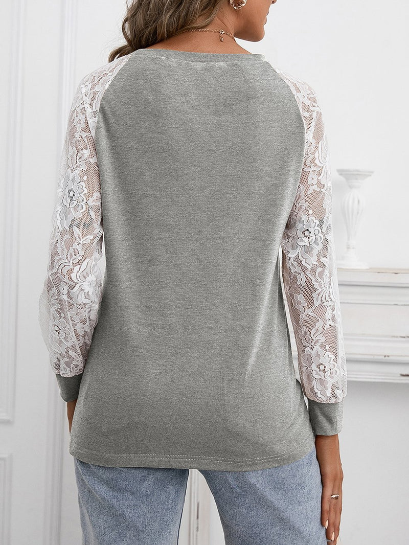 Hollow Lace Stitching Long-sleeved Round Neck T-shirt