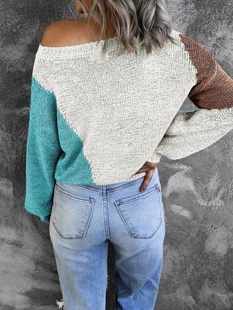 Women's Sweater Irregular Color Matching Off-Shoulder Sweater