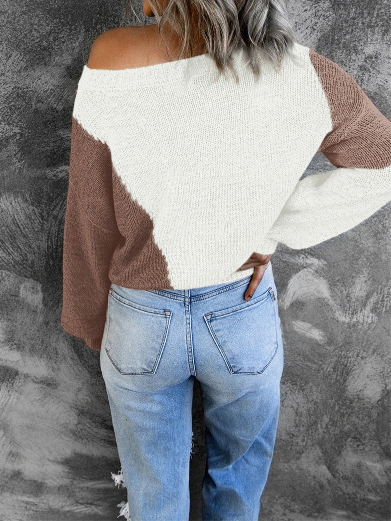 Women's Sweater Irregular Color Matching Off-Shoulder Sweater