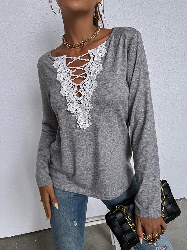 Women's T-Shirts Lace V-Neck Long Sleeve Casual T-Shirt