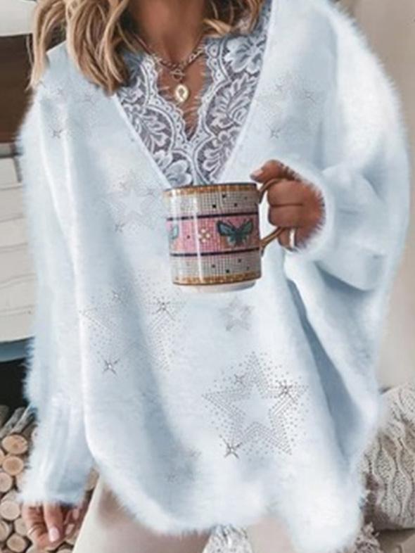 Women's Sweater Lace V-Neck Long Sleeve Sweater