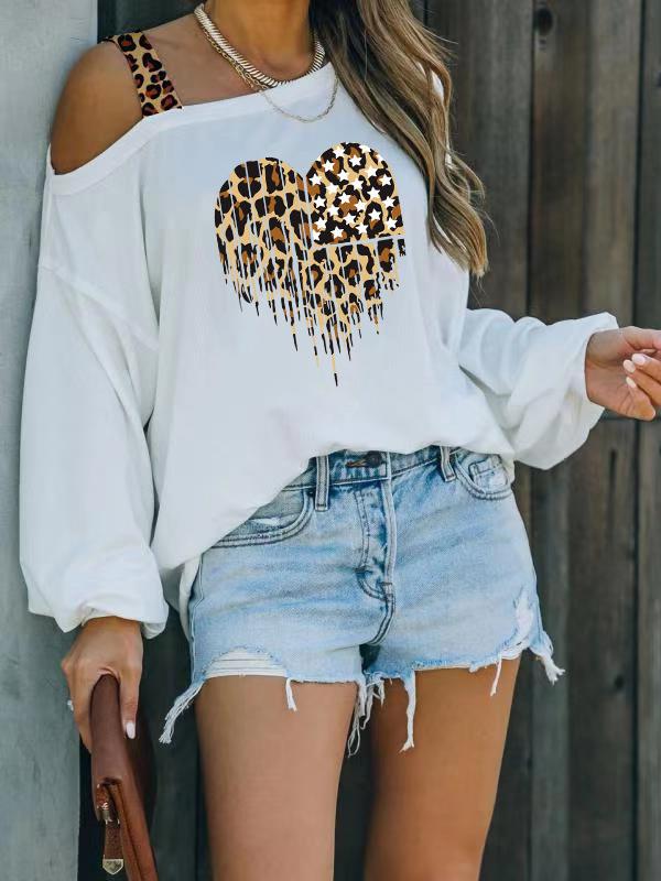 Women's T-Shirt Leopard Heart Print Off Shoulder Long Sleeve T-Shirt
