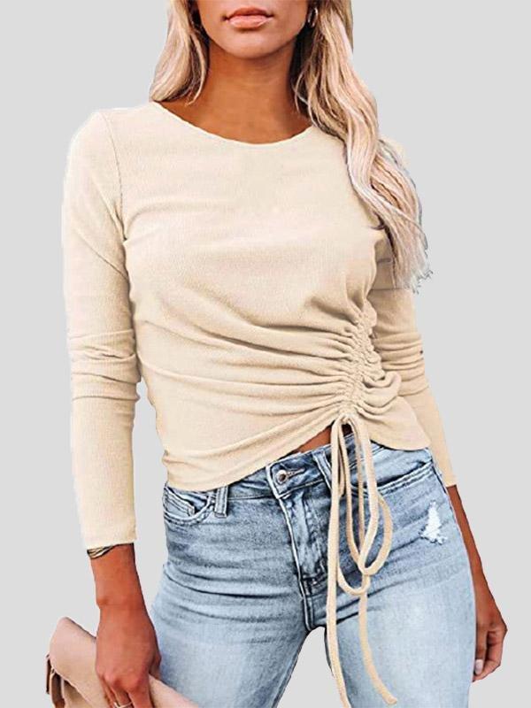 Women's T-Shirts Long Sleeve Round Neck Drawstring Fashion T-Shirt