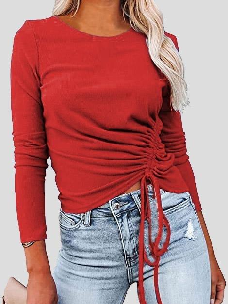 Women's T-Shirts Long Sleeve Round Neck Drawstring Fashion T-Shirt