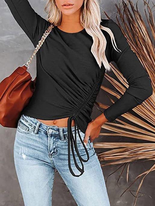 Women's T-Shirts Long Sleeve Round Neck Drawstring Fashion T-Shirt