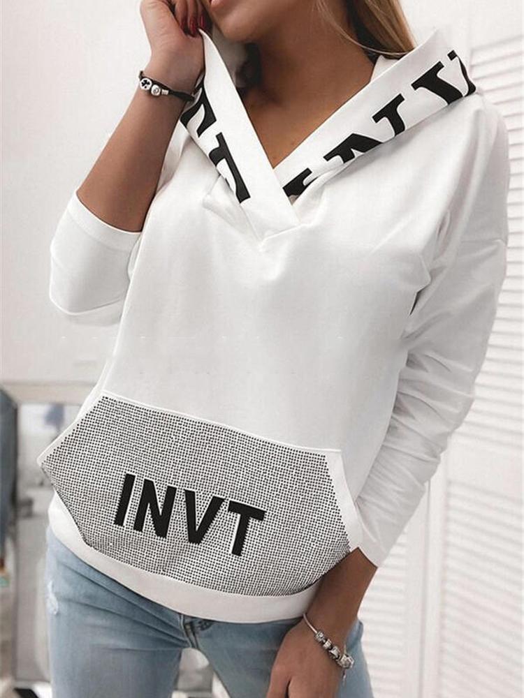 Women's Hoodies Loose Letter Print V-Neck Long Sleeve Hoodies
