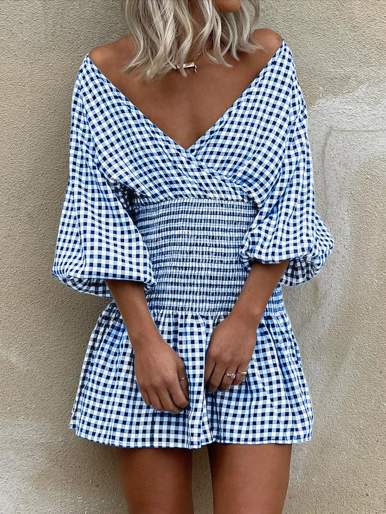 Women's Dresses Off Shoulder Plaid V-Neck Mini Dress