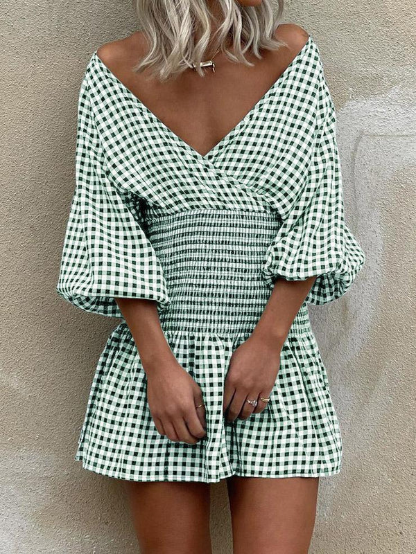 Women's Dresses Off Shoulder Plaid V-Neck Mini Dress