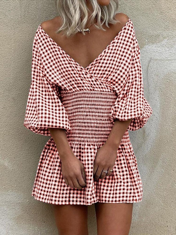 Women's Dresses Off Shoulder Plaid V-Neck Mini Dress