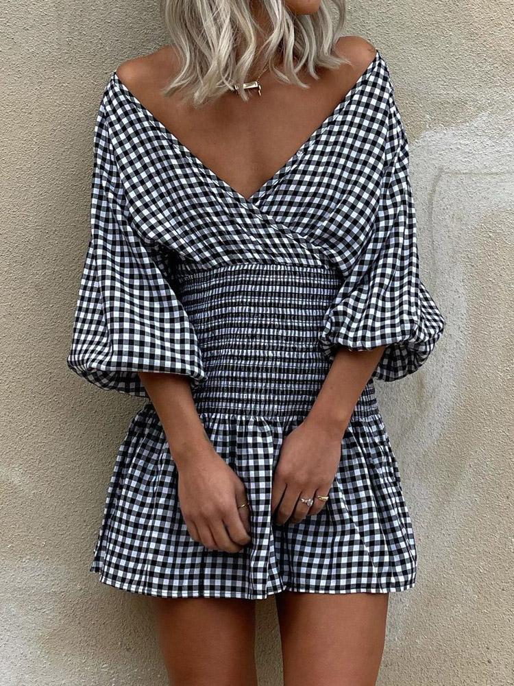 Women's Dresses Off Shoulder Plaid V-Neck Mini Dress