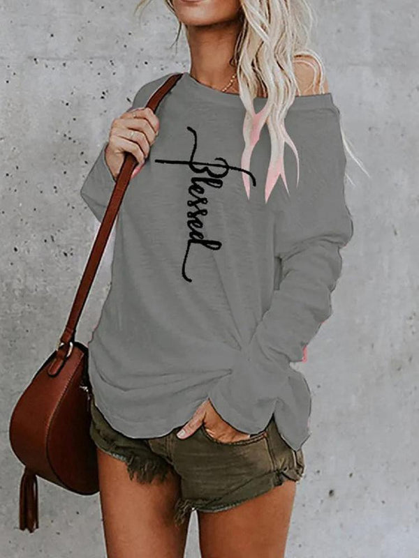 Women's T-Shirts Off The Shoulder Crew Neck Printed Loose T-Shirt