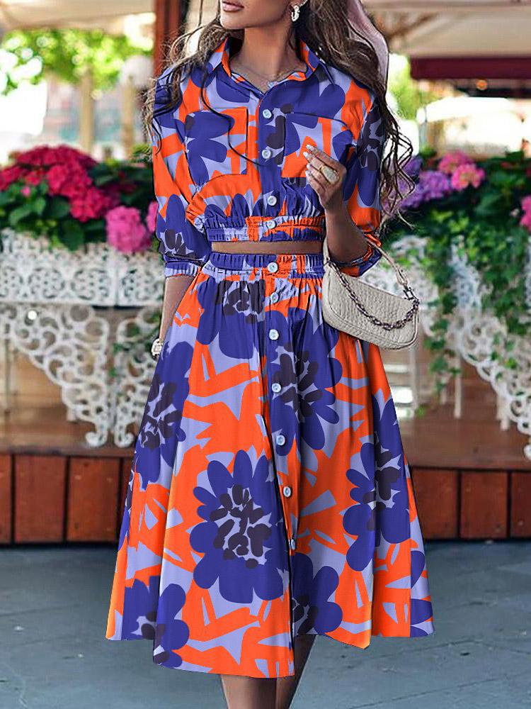 Women's Sets Printed Button Pocket Blouse & Skirt Suit