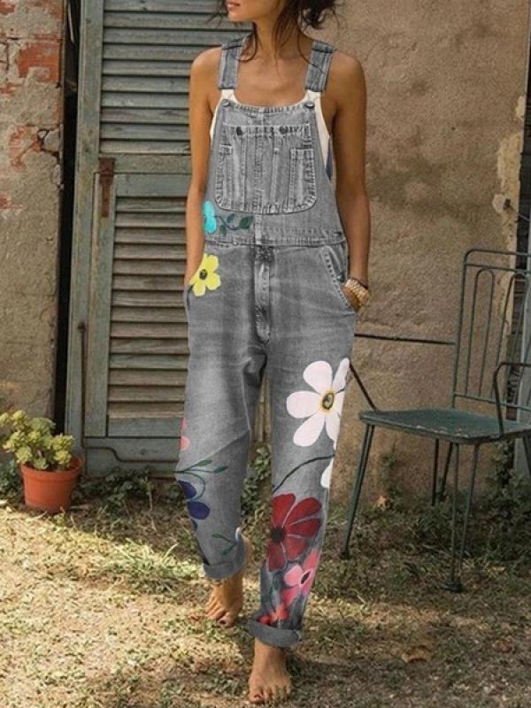 Women's Jumpsuits Printed Sling Pockets Denim Jumpsuit