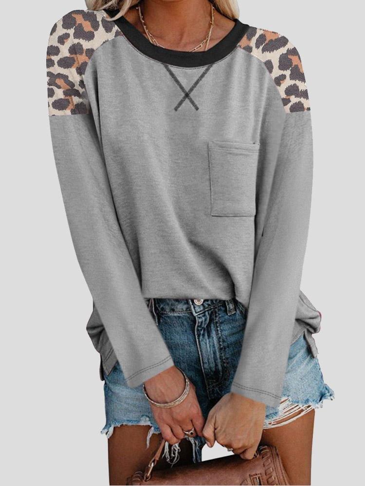 Women's T-Shirts Round Neck Leopard Print Stitching Pocket Long Sleeve T-Shirt