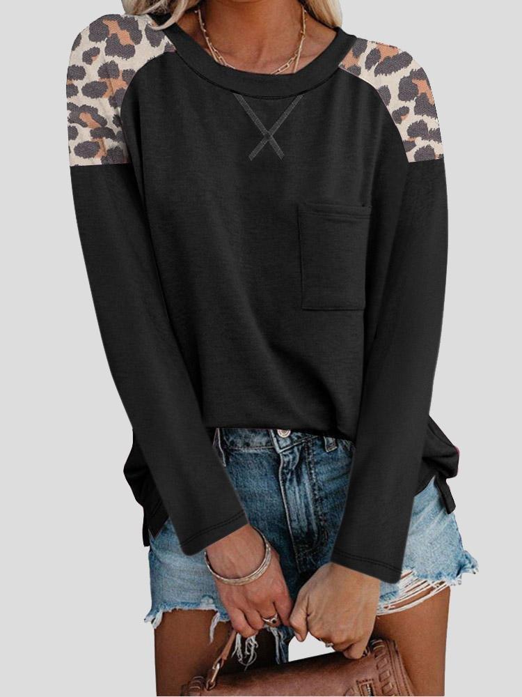 Women's T-Shirts Round Neck Leopard Print Stitching Pocket Long Sleeve T-Shirt