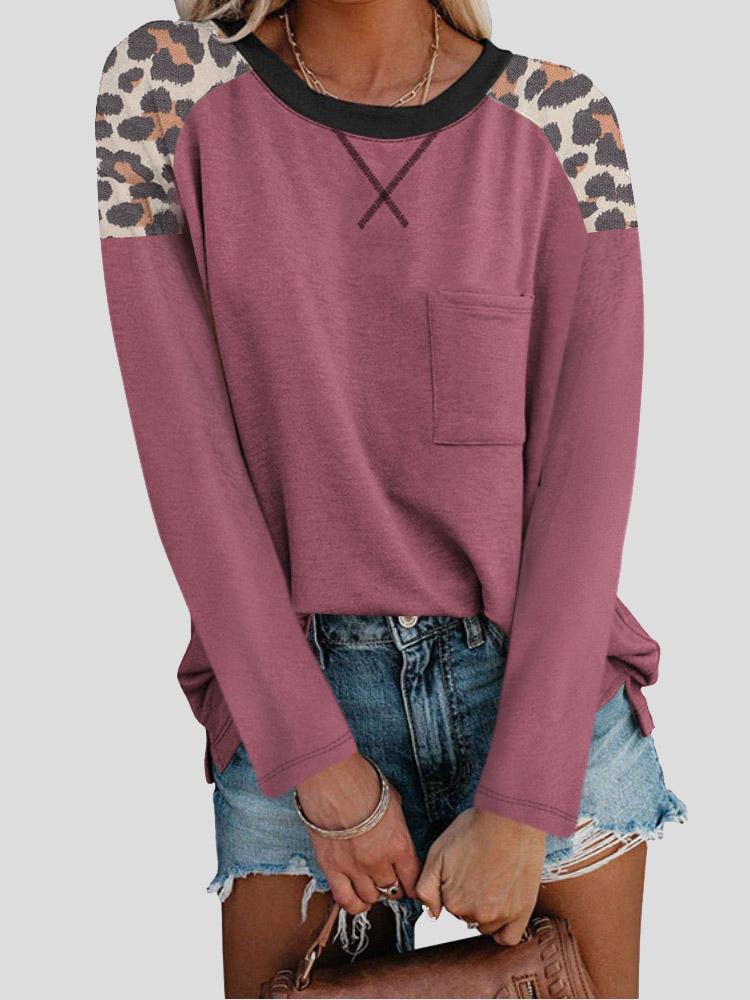 Women's T-Shirts Round Neck Leopard Print Stitching Pocket Long Sleeve T-Shirt