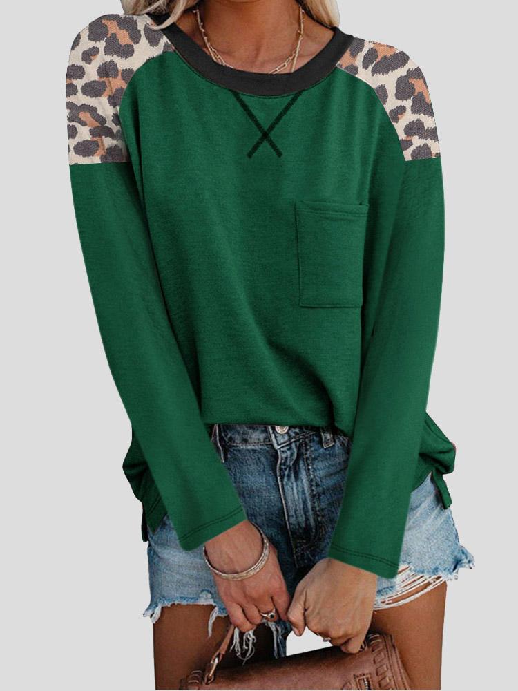 Women's T-Shirts Round Neck Leopard Print Stitching Pocket Long Sleeve T-Shirt