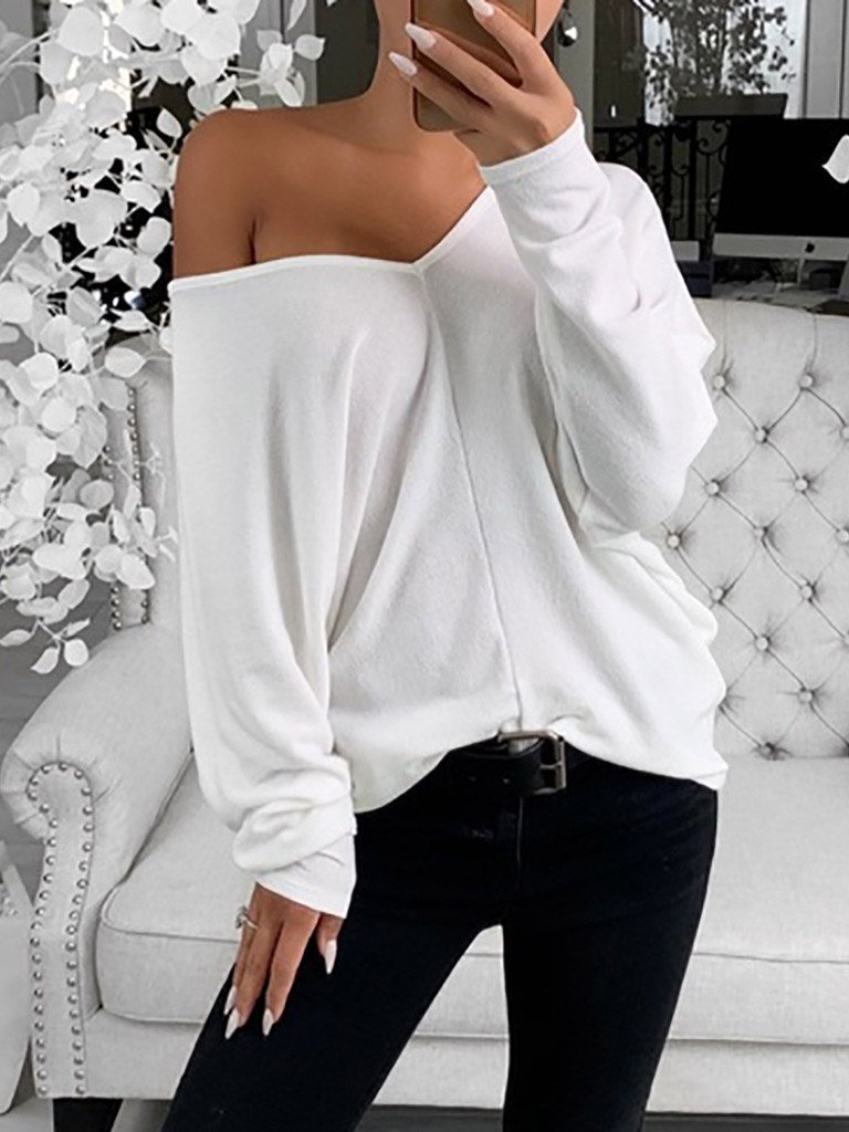 Women's T-Shirts Simple V-Neck Off-Shoulder Long Sleeve T-Shirt