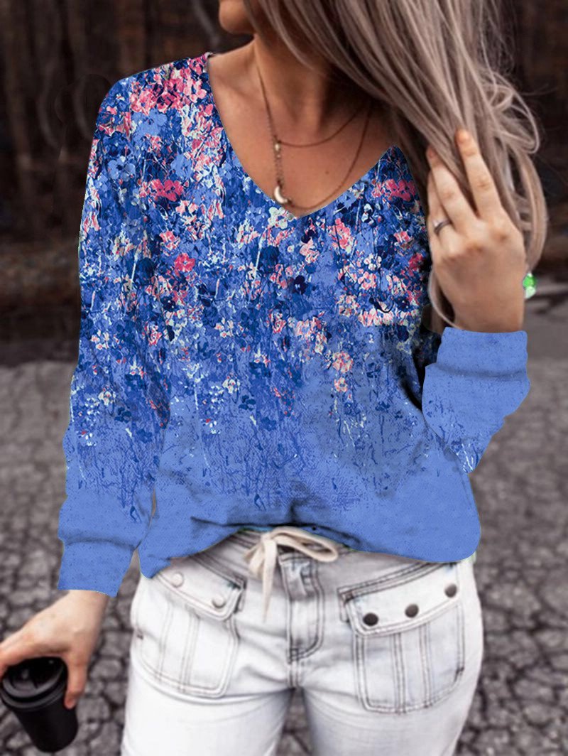 Women's T-Shirts Small Floral V-Neck Long Sleeve T-Shirt