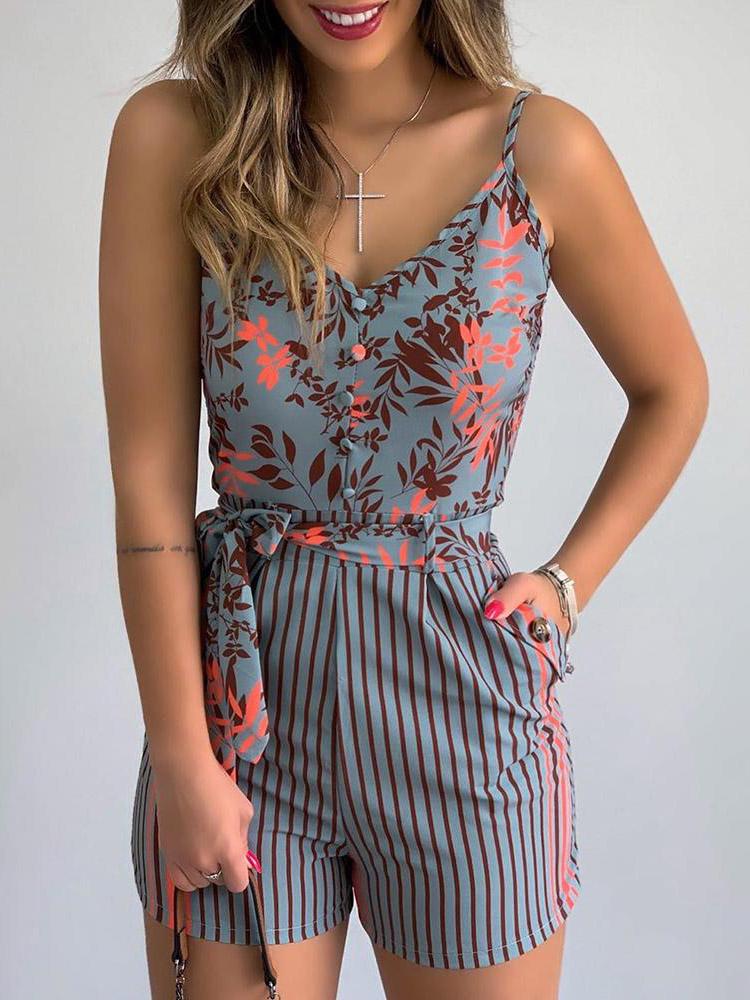 Women's Jumpsuits V-Neck Sling Leaf Print Lace-Up Jumpsuit