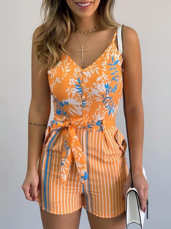 Women's Jumpsuits V-Neck Sling Leaf Print Lace-Up Jumpsuit