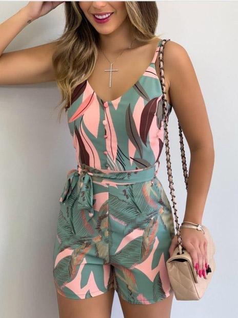 Women's Jumpsuits V-Neck Sling Leaf Print Lace-Up Jumpsuit