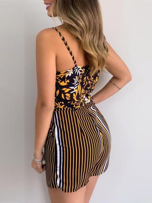 Women's Jumpsuits V-Neck Sling Leaf Print Lace-Up Jumpsuit