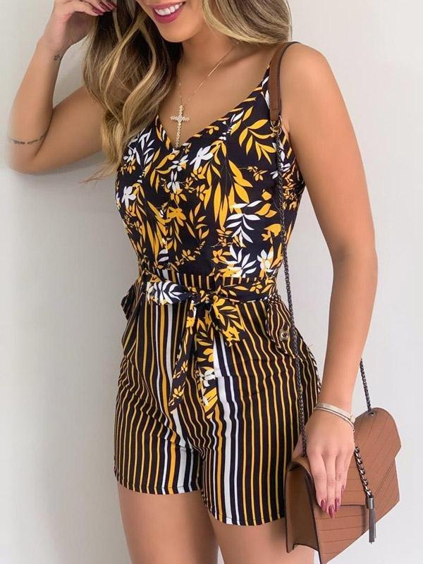 Women's Jumpsuits V-Neck Sling Leaf Print Lace-Up Jumpsuit