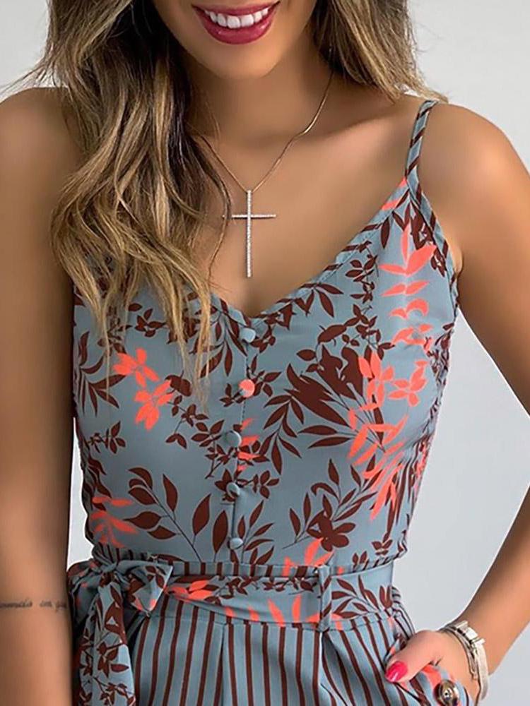 Women's Jumpsuits V-Neck Sling Leaf Print Lace-Up Jumpsuit