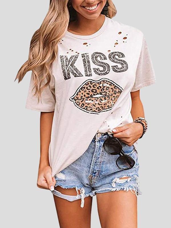 Kiss Leopard Print Round Neck Short Sleeve T-shirt