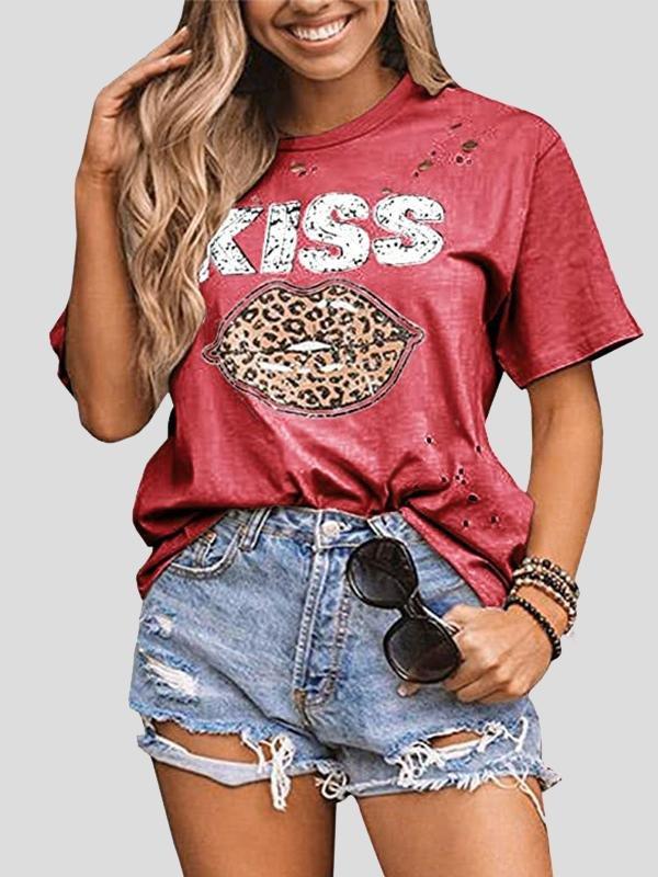 Kiss Leopard Print Round Neck Short Sleeve T-shirt