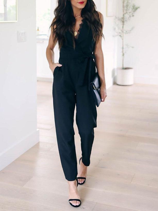 Lace Lace-up Pocket Women's Jumpsuit