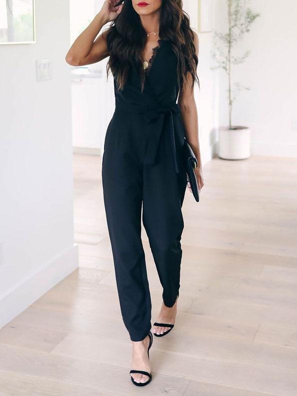 Lace Lace-up Pocket Women's Jumpsuit